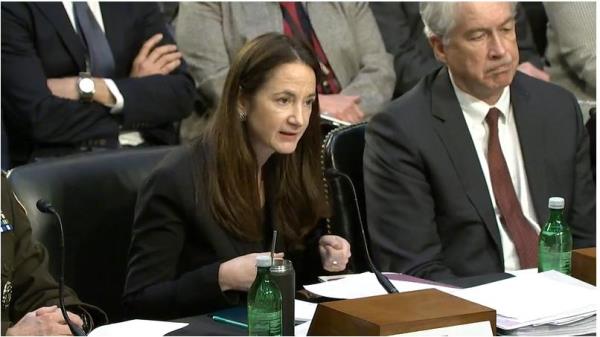 Avril Haines, director of natio<em></em>nal intelligence (L), is seen speaking during a Senate intelligence committee hearing in Washington on March 8, 2023 on the release of the 2023 Annual Threat Assessment report in this captured image. (Yonhap)