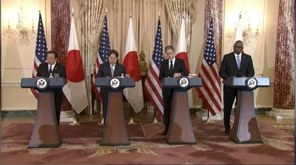 The top diplomats of the United States and Japan are seen holding a joint press co<em></em>nference at the U.S. Department of State in Washington, D.C., on Jan. 11, 2023 in this captured image. They are (from R) U.S. Secretary of Defense Lloyd Austin, U.S. Secretary of State Antony Bl<em></em>inken, Japanese Foreign Minister Yoshimasa Hayashi and Japanese Defense Minister Yasukazu Hamada. (Yonhap)