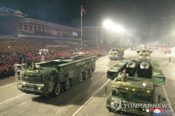 This file photo, released on April 26, 2022, shows a military parade under way in the North Korean capital of Pyongyang. (For use o<em></em>nly in the Republic of Korea. No Redistribution) (Yonhap)