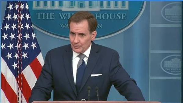 John Kirby, Natio<em></em>nal Security Council coordinator for strategic communications, is seen speaking during a daily press briefing at the White House in Washington on March 29, 2023 in this captured image. (Yonhap)