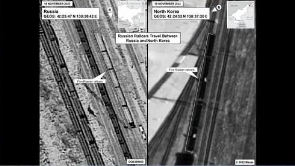 The captured image shows a photo released by the U.S. Natio<em></em>nal Security Council on Jan. 20, 2023, showing a set of Russian railcars traveling between Russia and North Korea on Nov. 18-Nov. 19, 2022 for a suspected delivery of North Korean military equipment to Russia's private military company, the Wagner Group. (PHOTO NOT FOR SALE) (Yonhap)