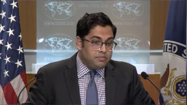 Vedant Patel, deputy spokesperson for the Department of State, is seen answering questions during a daily press briefing at the department in Washington on April 10, 2023 in this captured image. (Yonhap)