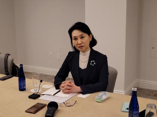 In this file photo, Lee Shin-hwa, South Korea's envoy for North Korean human rights, speaks to reporters at a hotel in Washington, D.C., on Oct. 7, 2022. (Yonhap)