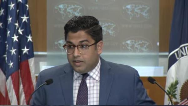 Vedant Patel, deputy spokesperson for the Department of State, is seen answering questions during a daily press briefing at the department in Washington on June 28, 2023 in this captured image. (Yonhap)