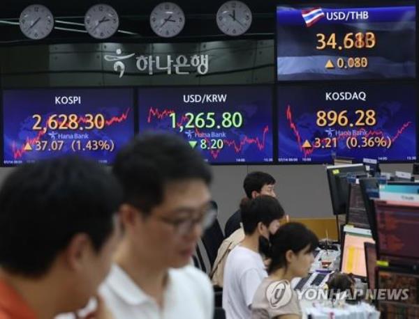 This photo taken on July 14, 2023 shows the dealing room of Hana Bank in Myeongdong, central Seoul. (Yonhap