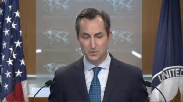 State Department Press Secretary Matthew Miller is seen answering questions during a daily press briefing at the department in Washington on July 20, 2023 in this captured image. (Yonhap)