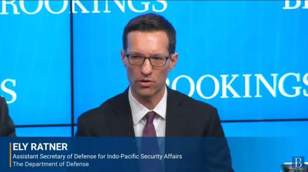 Assistant Secretary of Defense for Indo-Pacific Security Affairs Ely Ratner is seen speaking during a seminar hosted by the Brookings Institutions in Washington on July 21, 2023 in this captured image. (Yonhap)