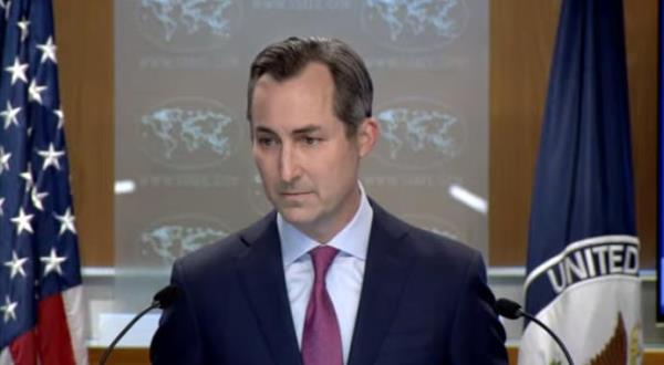 State Department Press Secretary Matthew Miller is seen answering questions during a daily press briefing at the department in Washington on Aug. 2, 2023 in this captured image. (Yonhap)