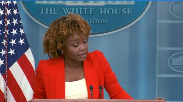 White House Press Secretary Karine Jean-Pierre is seen answering questions during a daily press briefing at the White House in Washington on Aug. 29, 2023 in this captured image. (Yonhap)