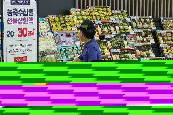 A shopper looks at gifts for the Chuseok holiday at a supermarket in Seoul on Aug. 29, 2023. (Yonhap)