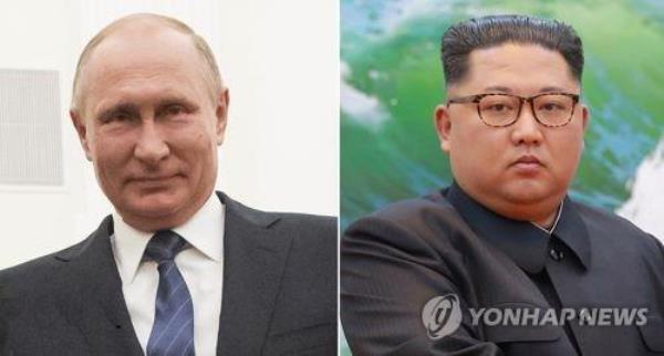 This combined photo provided by the Korean Central News Agency and the EPA show North Korean leader Kim Jong-un (R) and Russian President Vladimir Putin. (PHOTO NOT FOR SALE) (Yonhap)