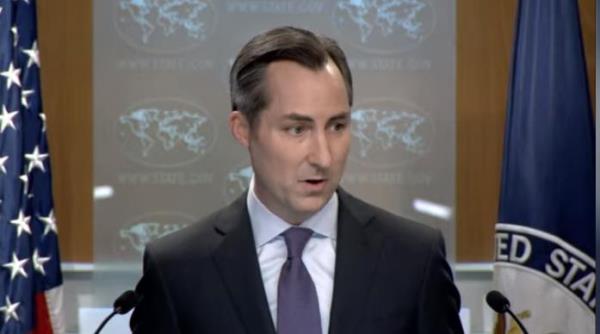 State Department Press Secretary Matthew Miller is seen answering questions during a daily press briefing at the state department in Washington on Sept. 12, 2023 in this captured image. (Yonhap)