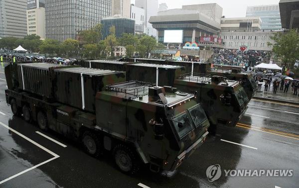 Hyunmoo sufrace-to-surface missiles are on display in central Seoul on Sept. 26, 2023, in a military parade commemorating the 75th founding anniversary of South Korea's armed forces this year. (Pool photo) (Yonhap)