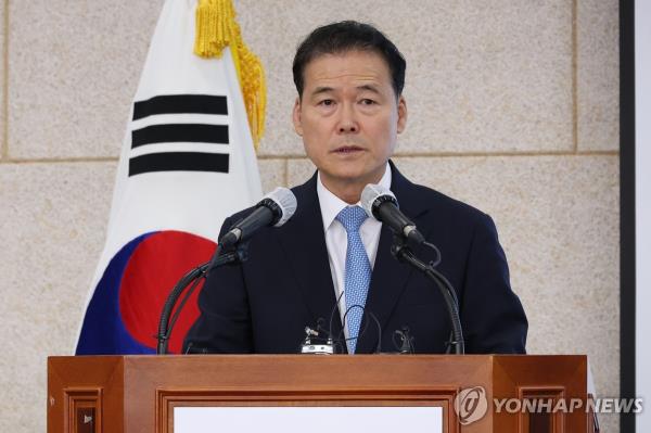 This photo, taken Sept. 14, 2023, shows Unification Minister Kim Yung-ho speaking at a press co<em></em>nference in Seoul. (Yonhap)