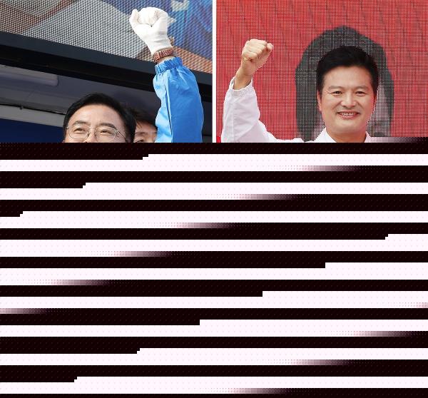 Jin Kyo-hoon (L), the Gangseo Ward office chief candidate from the main opposition Democratic Party, and Kim Tae-woo (R), the candidate from the ruling People Power Party, campaign for the by-election for the ward's chief office seat, in Seoul on Oct. 3, 2023. (Yonhap)