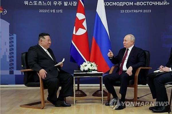 This image, captured from footage of North Korea's state-run Korean Central Television on Sept. 14, 2023, shows the North's leader Kim Jong-un (L) and Russian President Vladimir Putin holding a summit at Russia's Vostochny spaceport the previous day. (For Use o<em></em>nly in the Republic of Korea. No Redistribution) (Yonhap)