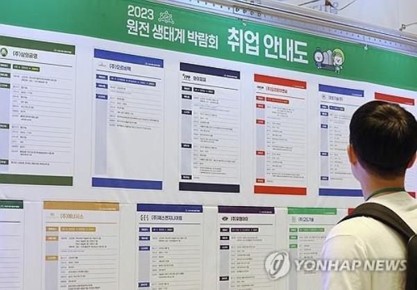 This file photo shows a jobseeker looking at a bulletin at a job fair in Seoul on Sept. 19, 2023. (Yonhap)