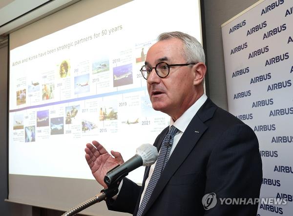 Loic Porcheron, Airbus' chief representative for South Korea, speaks to reporters at a media event held at a hotel in Seoul on Oct. 16, 2023. (Yonhap)