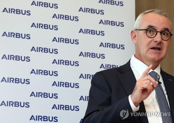 Loic Porcheron, Airbus' chief representative for South Korea, speaks to reporters at a media event held at a hotel in Seoul on Oct. 16, 2023. (Yonhap)