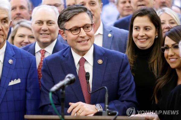 Rep. Mike Johnson (R-LA) speaks after he was chosen as the Republicans latest nominee for House speaker at a Republican caucus meeting in Washington on Oct. 24, 2023 in this photo released by Reuters. (Yonhap)