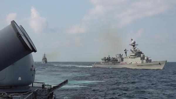 South Korean warships co<em></em>nduct combined maritime drills with the United States in the Yellow Sea in this photo provided by the Navy on Oct. 26, 2023. (PHOTO NOT FOR SALE) (Yonhap)