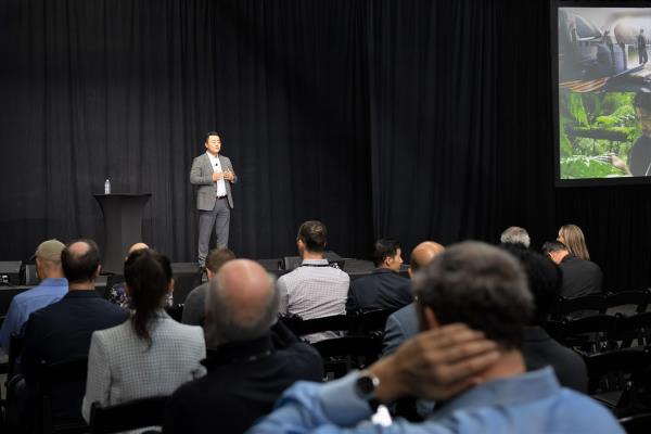 This photo provided by Hyundai Motor Group on Nov. 3, 2023, shows Kim Heung-soo, vice president of Hyundai's global strategy office, speaking at the Mobility Innovators Forum 2023 held in Fort Mason Center in San Francisco. (PHOTO NOT FOR SALE) (Yonhap)