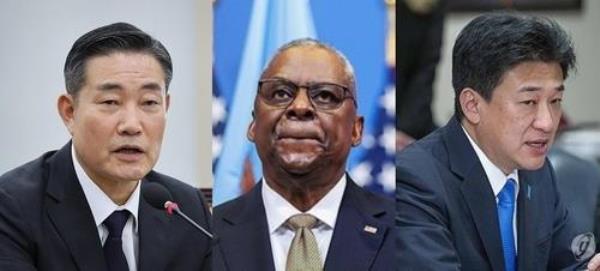 (L to R) South Korean Defense Minister Shin Won-sik; Lloyd Austin, U.S. Secretary of Defense; and Japanese Defense Minister Minoru Kihara are seen in this composite file photo. (PHOTO NOT FOR SALE) (Yonhap)