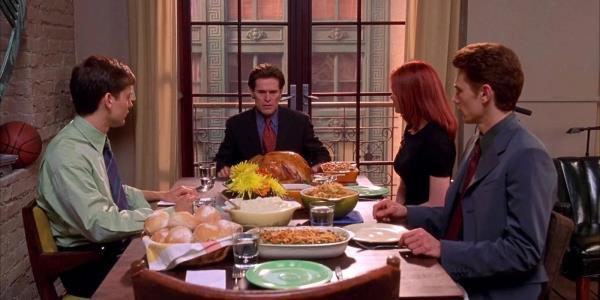 Spider-Man 2002's Thanksgiving scene, with Peter, Norman, MJ, and Harry sat at a full table.