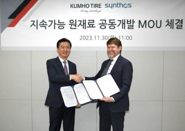 This photo provided by Kumho Tire on Dec. 1, 2023, shows company CEO Jung Il-taek (L) and Malte Wohlfahrt, research and development director of Synthos S.A., at a memorandum of understanding signing ceremony held in Seoul the previous day. (PHOTO NOT FOR SALE) (Yonhap)